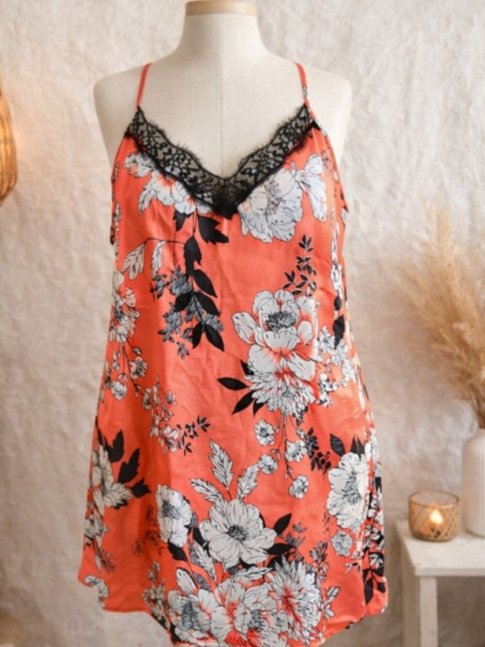 Secret Treasures Coral Floral Satin Lace Chemise Nightgown 2X Boho Sleepwear